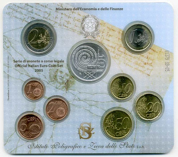 Италия набор из 9 монет 2005 включая 5 евро Федерико Феллини серебро UNC 4-5-3-05