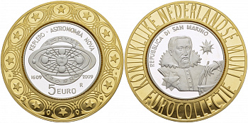 Сан-Марино 5 евро 2009 400 лет законам Кеплера, астрономия, евроколлекция Нидерландского монетного двора KM 506 серебро PROOF 00-00