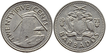 Барбадос 25 центов 1973 ветряная мельница Моргана Льюиса KM 13 медно-никель 4398-333