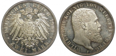Вюртемберг 2 марки 1904 F, Вильгельм II (1891-1918) KM 631, J.174 серебро PROOF 00-805-03