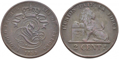 БЕЛЬГИЯ 2 САНТИМА 1859 BELGES KM 4.2 медь 110-536
