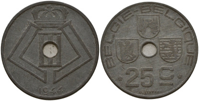Бельгия 25 сантимов 1944 Belgie - Belgique, Леопольд III (1934-1947), германская оккупация, Вторая мировая война KM 132 цинк 4157-624