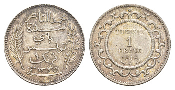 Тунис 1 франк 1916 A, ???? KM 238 серебро UNC 1526-414
