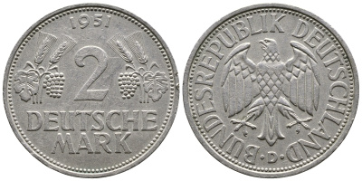 ФРГ 2 марки 1951 D J 386, KM 111 медно-никель плакированный никелем 413-1811