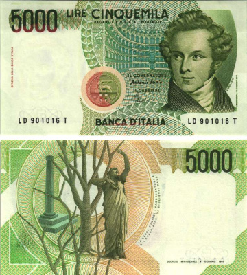 Италия 5000 лир 1985 Колизей, Беллини, подпись Fazio and Amici Pick 111c бумага UNC (пресс) 7484-73-3-2