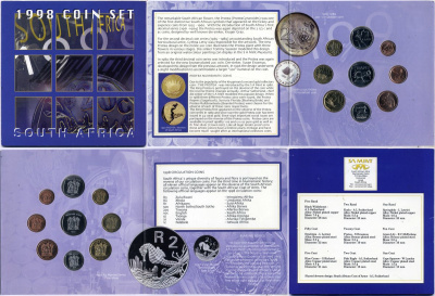 ЮАР официальный набор из 9 монет 1998 1, 2, 5, 10, 20 и 50 центов; 1, 2 и 5 рандов KM 159, 160, 161, 162, 163, 164, 165, 166, 170 сталь плакированная медью, сталь плакированная бронзой, медь плакированная никелем BU 3-6-1-02