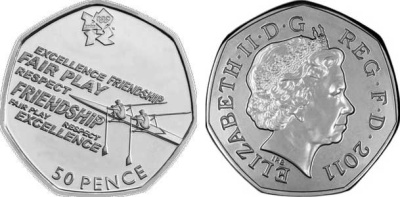 Великобритания 50 пенсов 2011 XXX летние Олимпийские игры в Лондоне в 2012 году, гребля на байдарке двойке, в оригинальном картонном буклете, с Олимпийской голограммой (19/29) KM 1172 медно-никель  UNC  3-6-6-08