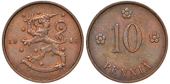 Финляндия 10 пенни 1940 республика (1918-1962) KM 24 медь 51-3343