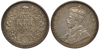 Британская Индия 1 рупия 1911 b, Георг V (1910-1936), монетный двор Бомбей KM 523 серебро 00-000-00