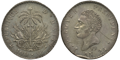 Гаити 100 сантимов 1829 AN 26, Президент Жан Пьер Буайе (1818-10843) KM 23 серебро 00-000-00