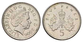 Великобритания 5 пенсов 2006 Елизавета II (1952-2022) KM 988, Spink 4670 (D5) медно-никель 4682-229