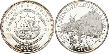 Либерия 20 долларов 2000 серия объекты всемирного наследия, Пуэбло-де-Таос (PUEBLO DE TAOS) серебро PROOF 11-155-15