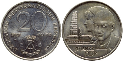 ГДР 20 марок 1979 A, 30 лет образования ГДР J. 1573, KM 75 медь никель цинк UNC 3897-1021