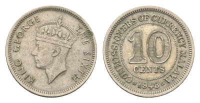 Британская Малайя 10 центов 1948 Георг VI (1936-1952) KM 8 медно-никель 4659-1236