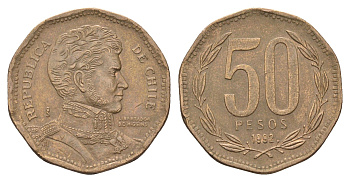 Чили 50 песо 1992 Бернардо О’Хиггинс KM 219 алюминиевая бронза 4663-414