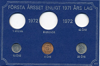 Швеция 5, 10, 25 эре 1972 Густав VI Адольф (1950-1973) в картоне набора монетного двора UNC 7-5-7-261