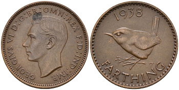 Великобритания 1 фартинг 1938 Георг VI (1936-1952) KM 843, Spink 4116 бронза 4154-252