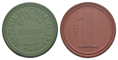 Чили, Курико (Curico), Антофагаста шахтерский жетон с Селитряного рудника для покупки в местных магазинах, номиналом в 1 песо 1880-1920 диаметр 41 мм, вес 5,49 гр Espinosa 86.4 эбонит (зеленый и красный) 1094-11-63