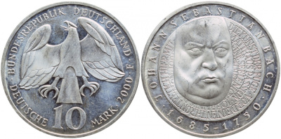 ФРГ 10 марок 2000 F, 250 лет со дня рождения Иоганна Себастьяна Баха KM 202 серебро UNC 1520-1523