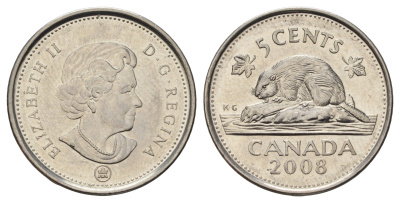Канада 5 центов 2008 Leaf, Елизавета II (1952-2022), бобр KM 491 сталь плакированная никелем UNC 4689-513