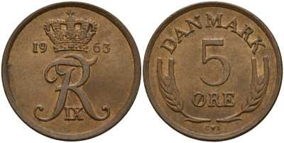Дания 5 эре 1963 C; S, Фредерик IX (1947-1972) KM 848.1 бронза 4156-1033