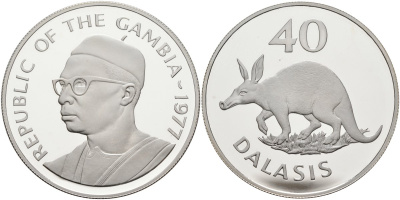 Гамбия 40 даласи 1977 защита дикой природы - трубкозуб KM 18а серебро PROOF 00-00