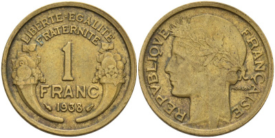 Франция 1 франк 1938 KM 885, Le Franc 219.2 алюминиевая бронза 4142-847