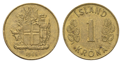 Исландия 1 крона 1969 KM 12a никель латунь aUNC 4691-446