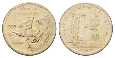 Колумбия 10 песо 1985 KM 270 медь цинк никель UNC 4675-625