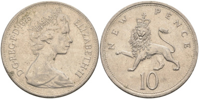 Великобритания 10 пенсов 1975 Елизавета II (1952-2022) KM 912, Spink 4231 (F1) медно-никель 4587-926