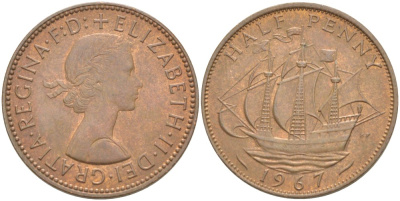Великобритания 1/2 пенни 1967 Елизавета II (1952-2022) KM 896, Spink 4158 бронза 4544-157