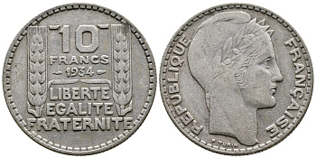Франция 10 франков 1931 Пьер Тюрен KM 878, Le Franc 360.4 серебро 4683-843