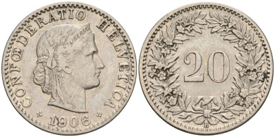 Швейцария 20 раппенов 1906 B KM 29 никель 4606-737