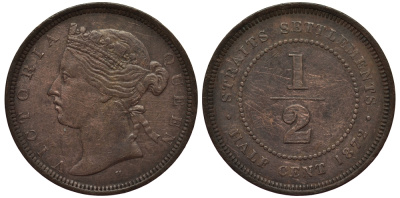 Стрейтс-Сетлментс 1/2 цента 1872 Н Виктория (1837-1901), монетный тип KM 8 медь 1523-331