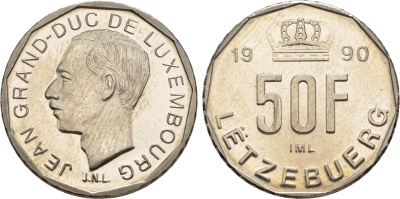 Люксембург 50 франков 1990 Великий герцог Жан (1964-2000), тираж 10.000 экземпляров KM 66 никель  BU  4635-1157