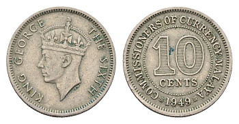 Малайя 10 центов 1949 Георг VI (1936-1952) KM 8 медно-никель 4674-825