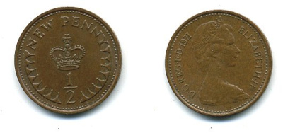 Великобритания 1/2 пенни 1971 Елизавета II (1952-2022) КМ 914, Spink 4239 бронза 4110-1635