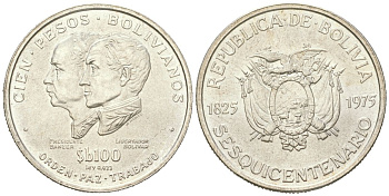 Боливия 100 песо 1975 150 лет независимости KM 194 серебро UNC 443-431