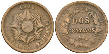 Перу 2 сентаво 1878 KM 188.1a бронза 4582-1027