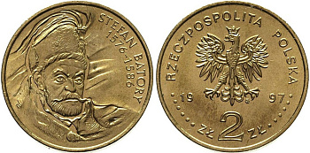 Польша 2 злотых 1997 MW, Стефан Баторий (1575-1586) KM 350 нордик  UNC 1526-133