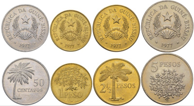 Гвинея-Бисау годовой набор из 4 монет ( 50 сантимов; 1, 2 1/2 и 5 песо) 1977 KM 17, 18, 19 и 20 алюминиевая бронза UNC 4626-521-524
