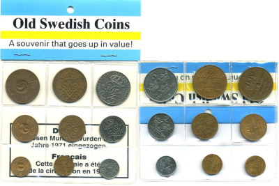 Швеция набор из 9 монет 1937-1970 сувенирный набор, старые шведские монеты Густав VI Адольф (1950-1973) KM 810, 777.2, 820, 811, 778, 821, 812, 779.2, 822 бронза, железо 6-5-3-43