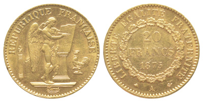 Франция 20 франков 1875 A KM 825 золото 00-805-24