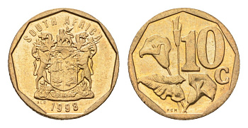 ЮАР 10 центов 1998 герб, цветок алоэ KM 161 сталь плакированная бронзой UNC 4694-747