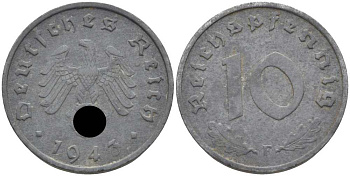ГЕРМАНИЯ 10 РЕЙХСПФЕННИГОВ 1943 F KM 101, J. 371 цинк 4401-544