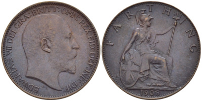 Великобритания 1 фартинг 1908 Эдуард VII (1901-1910), KM 792, Spink 3992 бронза 4543-1011