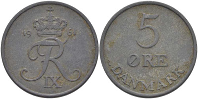 Дания 5 эре 1961 C; S, Фредерик IX (1947-1972) KM 843.2 цинк 38-421