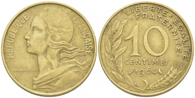 ФРАНЦИЯ 10 САНТИМОВ 1964 ТИП MARIANNE KM 929 медь алюминий никель 4516-837