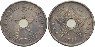 Бельгийское Конго 20 сантимов 1911 Альберт I (1909-1934) KM 19 медно-никель 4448-446