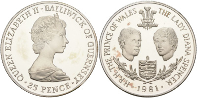 Гернси 25 пенсов 1981 свадьба принца Чарльза Уэльского и леди Дианы KM 36 a серебро PROOF 1098-2-61